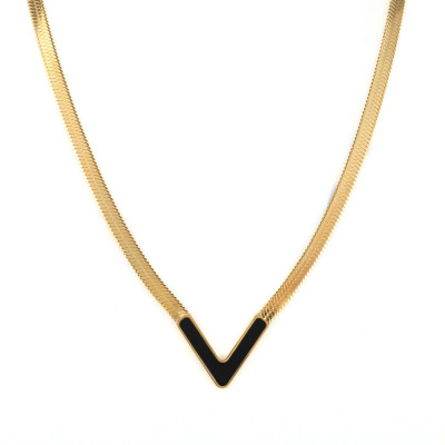 Colier Cleopatra, auriu, din otel inoxidabil, tip snake chain, cu pandantiv in forma de V foto