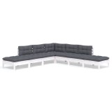 Set mobilier de gradina cu perne, 7 piese, alb, lemn masiv pin