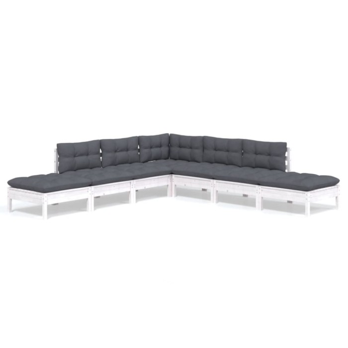 Set mobilier de gradina cu perne, 7 piese, alb, lemn masiv pin