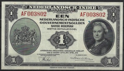 !!! F RARR : INDIILE OLANDEZE - 1 GULDEN 1943 - P 111 - UNC / CEA DIN SCAN foto