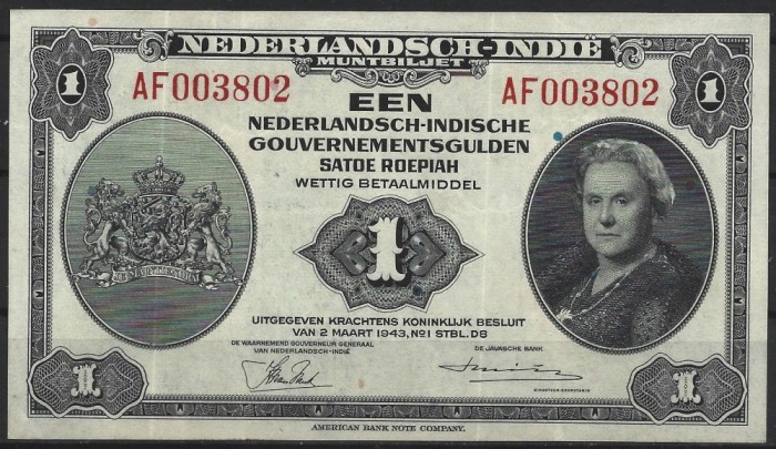 !!! F RARR : INDIILE OLANDEZE - 1 GULDEN 1943 - P 111 - UNC / CEA DIN SCAN