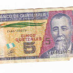 Bancnota Guatemala 5 quetzales 2010, polymer, uzata rau