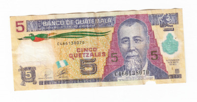 Bancnota Guatemala 5 quetzales 2010, polymer, uzata rau foto