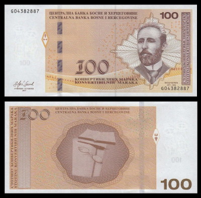 BOSNIA HERTEGOVINA █ bancnota █ 100 Konvertibilnih Marka █ 2017 █ P-87 SRB █ UNC foto