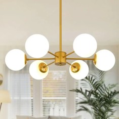 Candelabru vintage, 6 brate, 6 globuri albe, dulie E27, culoare corp auriu