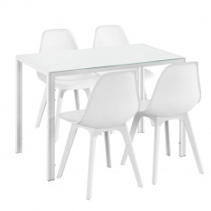 Set Xenia masa cu 4 scaune design, masa 105 x 60 cm, scaun 83 x 54 cm, sticla/metal/plastic, alb foto
