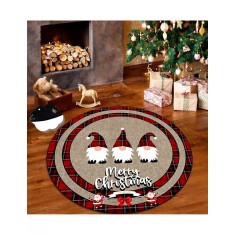Covor de Craciun rotund cu Merry Christmas si gnomi de Craciun maro cu carouri rosii