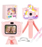 Aparat foto digital pentru copii, model Unicorn roz cu trepied 1080P