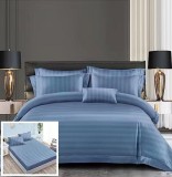 Cumpara ieftin Lenjerie Damasc Deluxe Odense Dd006, Damasc, 6 Piese, Cu Elastic, Albastru