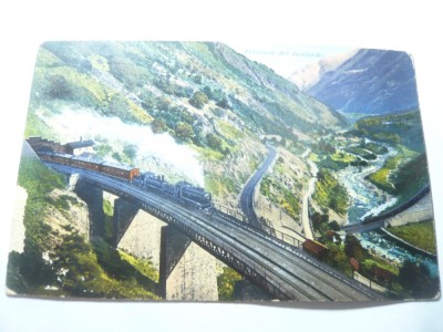 Ilustrata Tren cu locomotiva aburi pe pod Gottardo Elvetia circ.1912 (cu defect) foto
