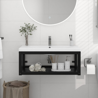 vidaXL Cadru chiuvetă de baie pentru perete, negru, 79x38x31 cm, fier foto