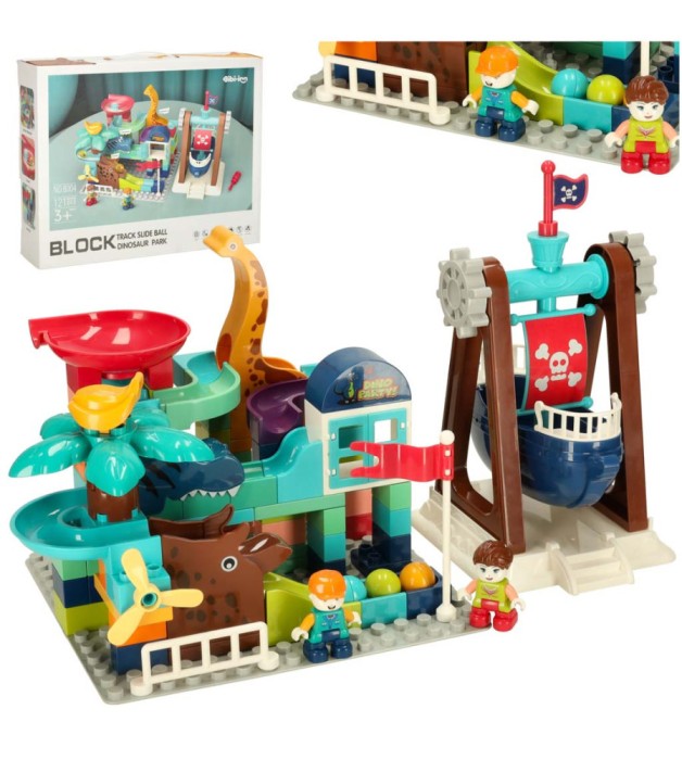 Set 121 blocuri creative de constructie, parc de dinozauri cu pista de bile, Bibi-Inn, multicolor