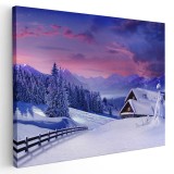 Tablou peisaj munte cu cabane iarna la apus Tablou canvas pe panza CU RAMA 80x120 cm