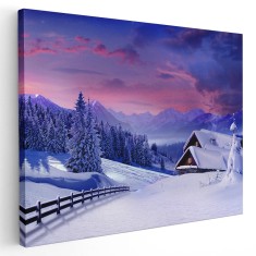 Tablou peisaj munte cu cabane iarna la apus Tablou canvas pe panza CU RAMA 20x30 cm