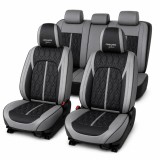 Huse auto premium 5 locuri Carguard Deluxe, piele ecologica perforata gri-negru