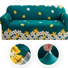 Husa elastica universala pentru canapea si pat,cu 2 fete de perna,verde cu flori