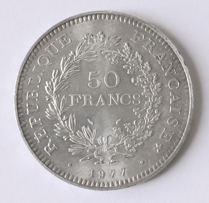 FRANTA 50 FRANCI 1977 ARGINT CU PATINA AUNC ( CITITI DESCRIEREA )