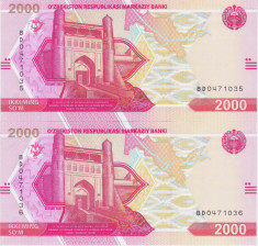 Bancnota Uzbekistan 2.000 Som 2021 - PNew UNC ( set x2 consecutive ) foto