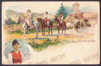 4849 - ETHNIC on the horses, Church, Litho, Romania - old postcard - unused foto