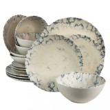 Set farfurii 16 piese, 4 persoane, Marble, Alb Ivoire cu albastru