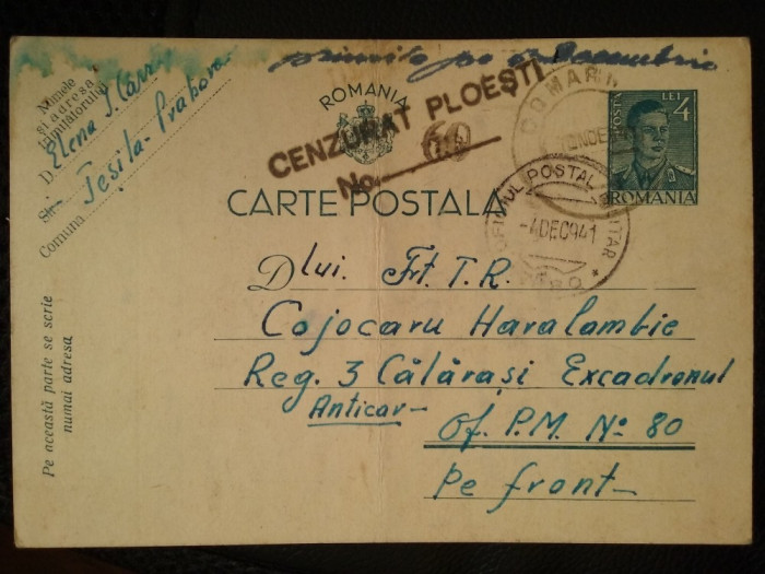 1941-C.P.circ.-CENZURAT-Ploiesti 60-Stamp.Oficiul Postal Militar-PE FRONT