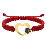 Paw Lover - Bratara personalizata snur impletit inimioara si labuta cu nume gravat din argint 925 placat cu aur galben 24K