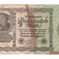 Bancnota Germania 50000 mark/marci 19 noiembrie 1922, fond alb, circulata