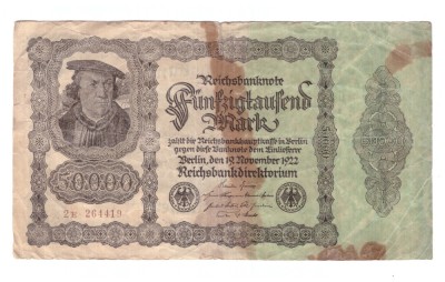 Bancnota Germania 50000 mark/marci 19 noiembrie 1922, fond alb, circulata foto