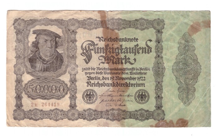 Bancnota Germania 50000 mark/marci 19 noiembrie 1922, fond alb, circulata