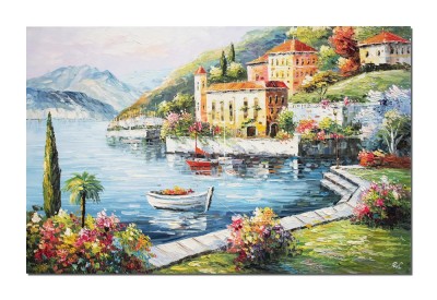 Tablou peisaj gigant lacul Como pictat manual, Colt de rai, 120x80cm ulei pe panza in cutit efect 3D foto