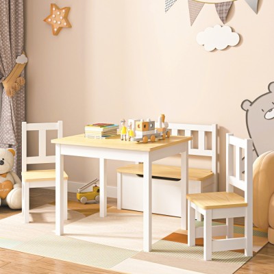 Masa cu 2 scaune si banca copii Lousame brad/MDF natur/alb [en.casa] HausGarden Leisure foto