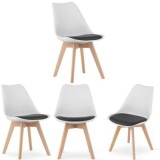 Set 4 buc, Scaune Stil Scandinav, cu Picioare din Lemn de Fag, Sezut din PP si Perna din Piele Ecologica, 49 x 43 x 82 cm, Alb