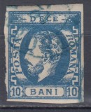 ROMANIA 1871/72 LP 31 b REGELE CAROL I CU BARBA 10 BANI ALBASTRU STAMPILAT