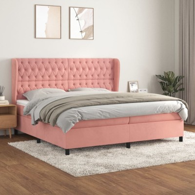 vidaXL Pat box spring cu saltea, roz, 200x200 cm, catifea 3129416 foto
