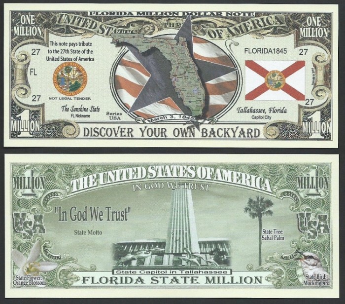 SUA - FANTASY NOTE - STATUL FLORIDA - 2014 - UNC/DIN SERIA STATELE SUA CU HARTA