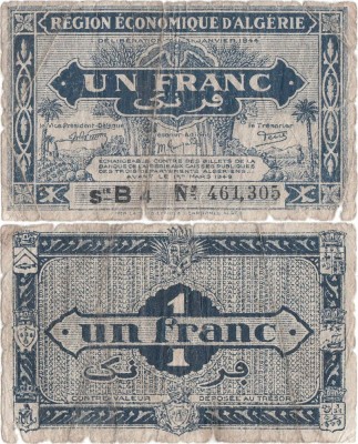 1944 , 1 franc ( P-98a ) - Algeria foto