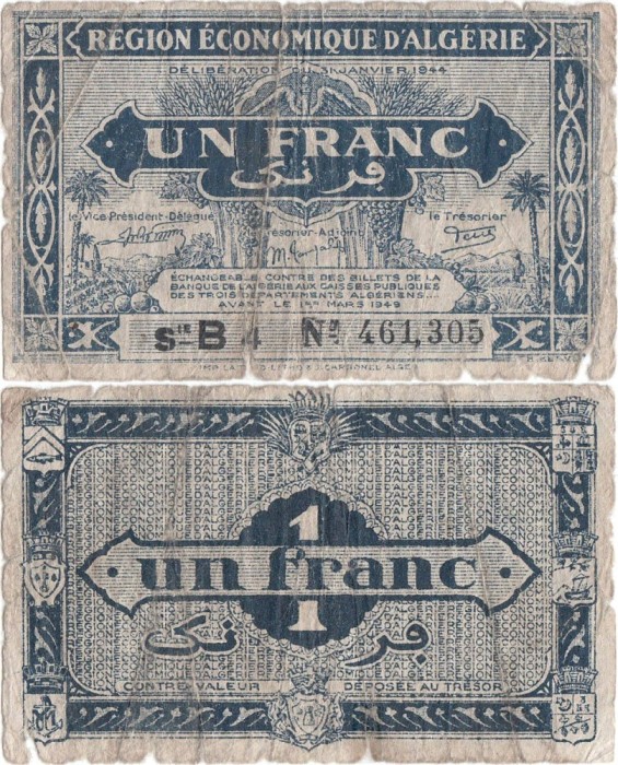 1944 , 1 franc ( P-98a ) - Algeria