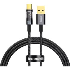 Cablu alimentare si date Baseus Explorer, Fast Charging Data Cable pt. smartphone, USB la USB Type-C 100W, 2m, Auto Power-Off, negru transparent