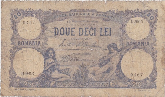 ROMANIA 20 LEI 1929 Uzata