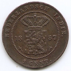 Indiile de Est Olandeze 1 Cent 1857 Willem III / Wilhelmina, Bronz, KM-307.2 (1)
