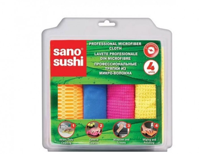 Set 4 lavete microfibra profesional, sano sushi, multicolor