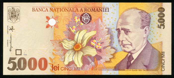 q538 BANCNOTA 5000 LEI 1998 filigran mare oblic NECIRCULATA UNC