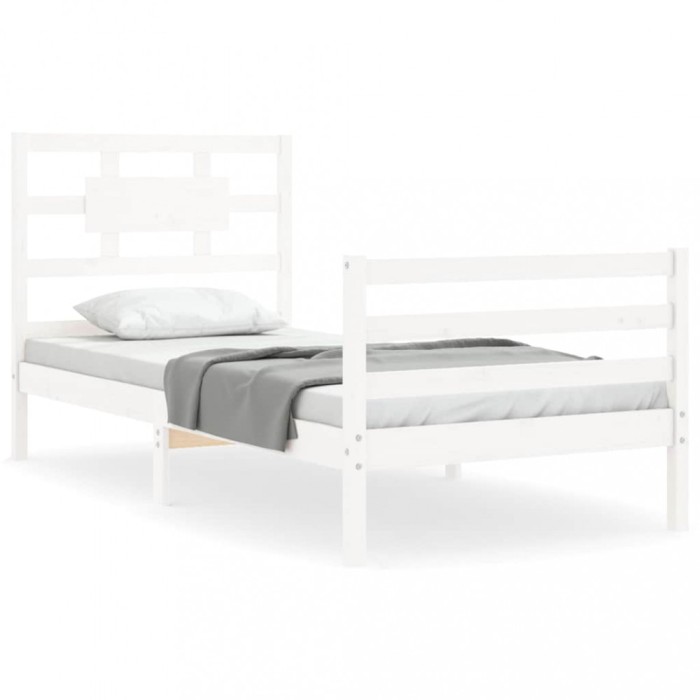Cadru de pat cu tablie single, alb, lemn masiv