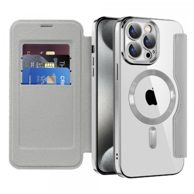 Husa MagSafe pentru Apple iPhone 15 Pro Max, Techsuit, SmartMag Book, Gri foto