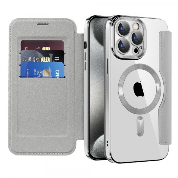 Husa MagSafe pentru Apple iPhone 15 Pro Max, Techsuit, SmartMag Book, Gri