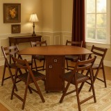 Set masa plianta cu spatiu depozitare, usa si sertar, Pal Melaminat, 160x96x80 cm si 6 scaune pliante lemn, tapitate cu piele ecologica, wenge