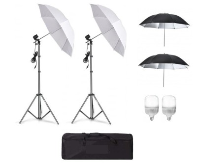 Kit de 4 umbrele alb-negru, 2 trepiezi reglabili 200 cm, 2 becuri LED 25W, geanta de transport inclusa foto