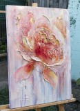 Cumpara ieftin Tablou impasto pictat manual, Bujor roz cu foita de aur, 70x50cm acril pe panza in relief efect 3D, Kenny Varniote