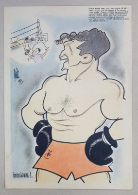 CARICATURA &amp;#039; INVINGATORUL &amp;#039; - BOXERUL VIRGIL CAZACU - , SEMNATA INDESCIFRABIL SI DATATA 1951 foto