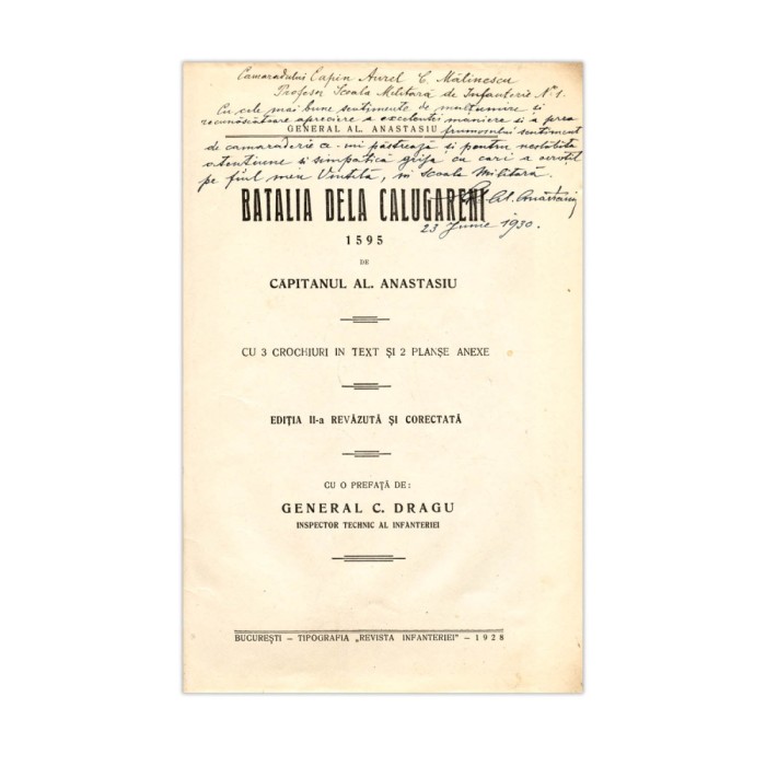 Al. Anastasiu, Bătălia de la Călugăreni, 1928, cu amplă dedicație pentru Aurel Mălinescu